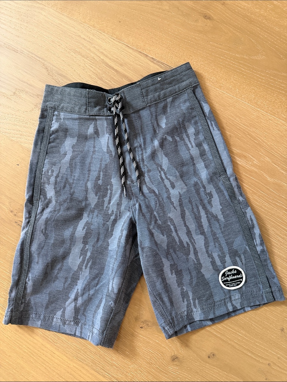 Kids Gray Camo Swim Trunks with Drawcord
